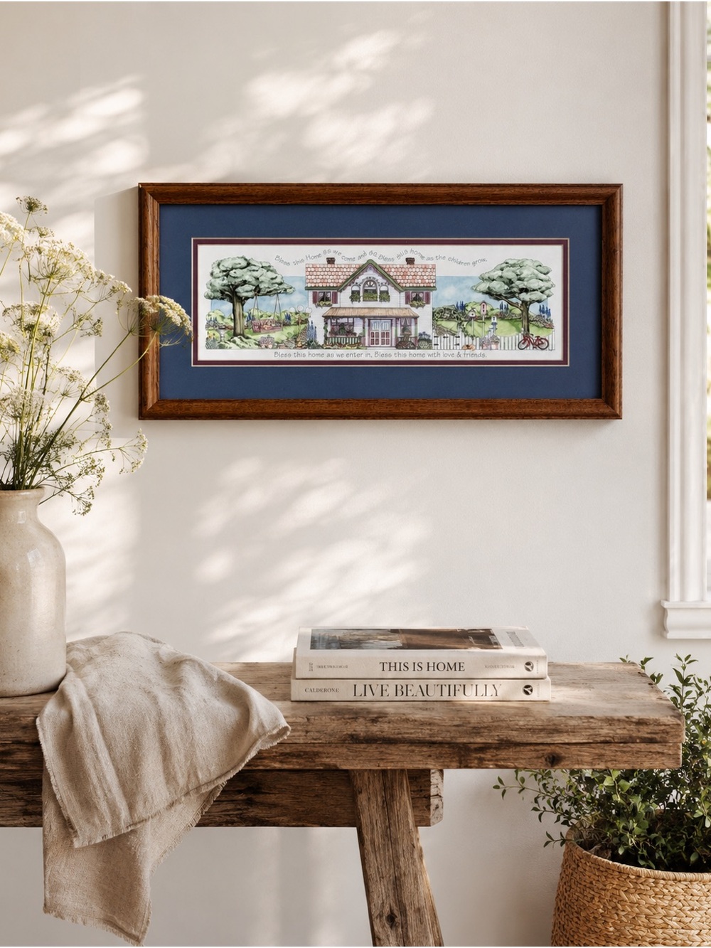 RARE FIND! VINTAGE Framed Cottage Artwork with Navy Mat